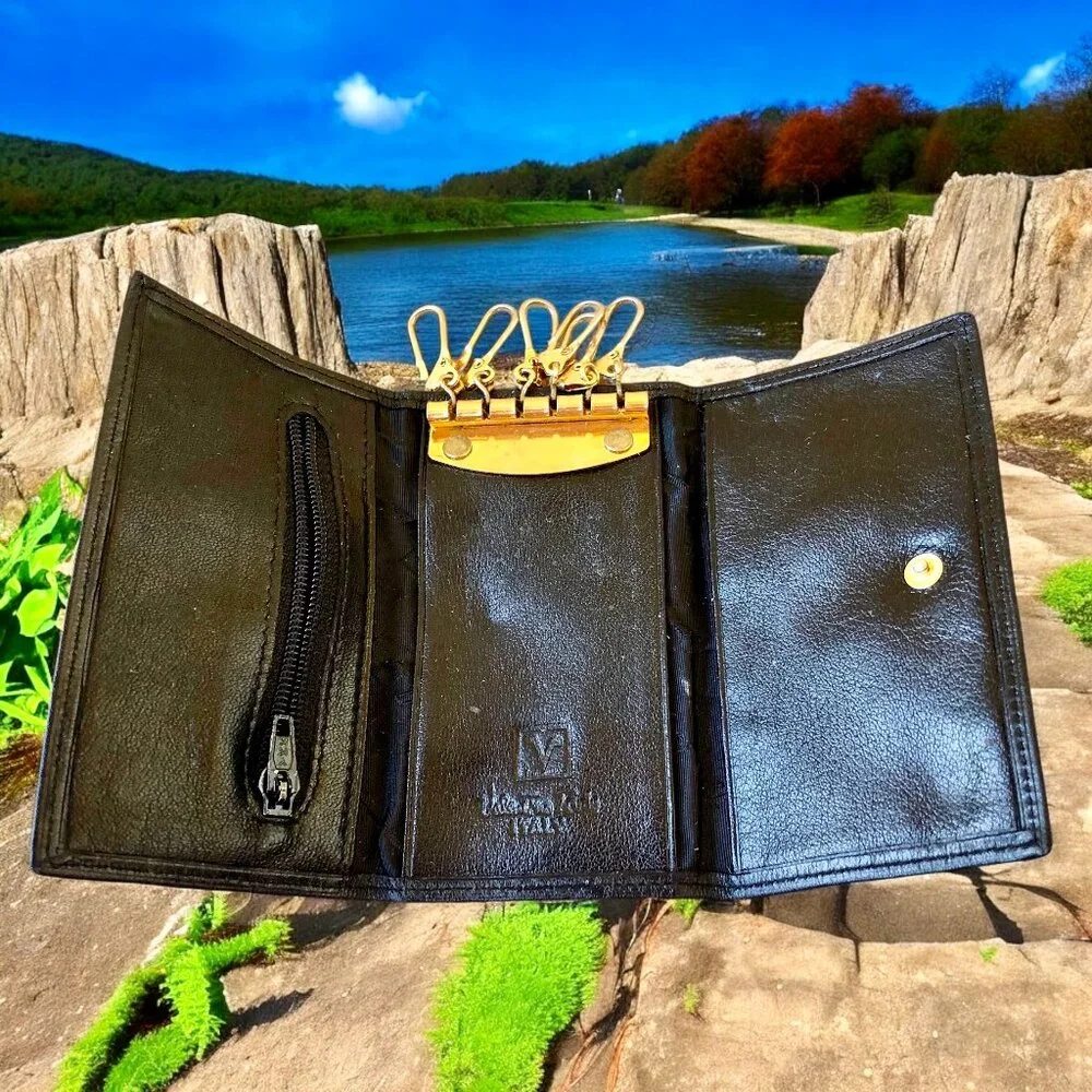 Valentino Rudy Italy Black Leather KEY COIN CARD Wallet Mens Tri-Fold